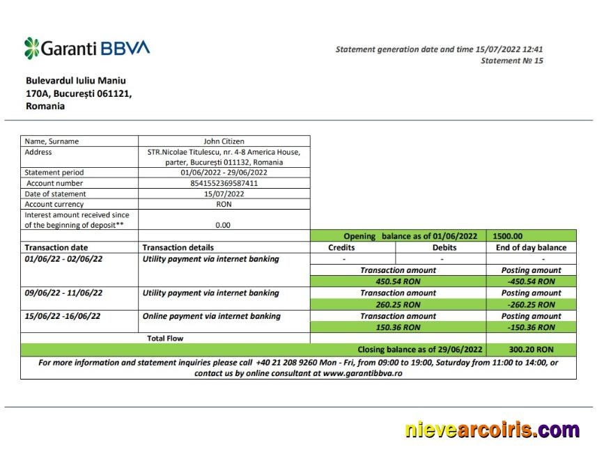 Romania Garanti BBVA bank statement